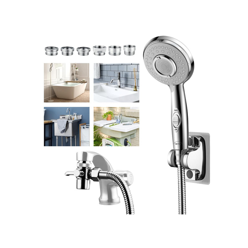 KLLEYNA Shower Head Hose Attachment for Sink/Tub Faucet - ON/OFF Jets Sprayer for Dog Wash/Bathtub Cleaning/Baby Bath/Hair Rinse, Tap Extender Water Nozzle for Bathroom Kitchen Utility Garden Basement Silver A