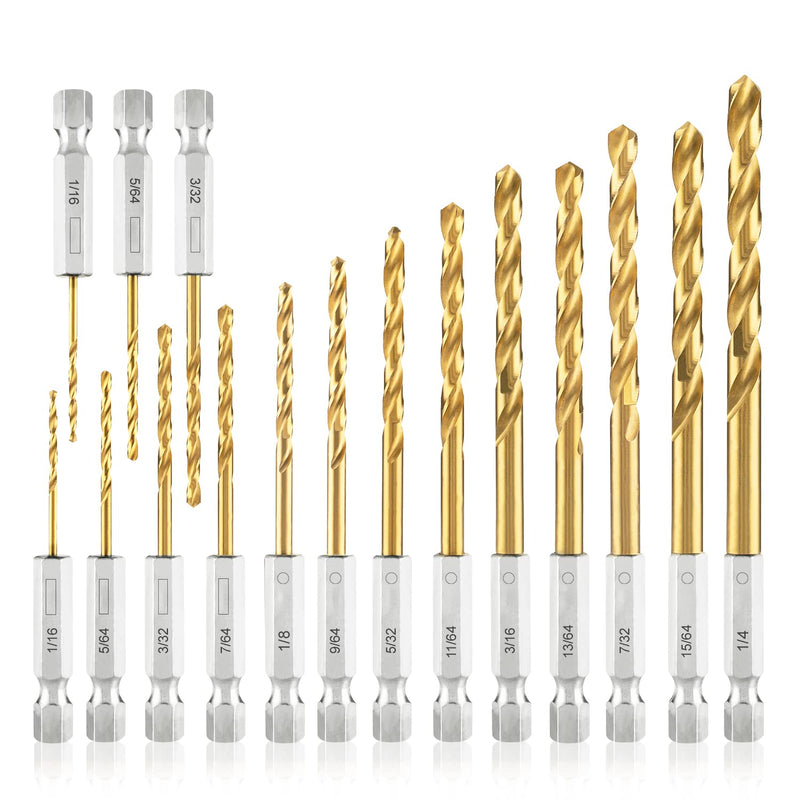 amoolo Hex Shank Drill Bit Set (13Pcs Set+3 Pcs Free), Premium 4341 HSS Titanium Impact Hex Drill Bits for Wood, Steel, Metal, Plastic, Quick Change Design (1/16 -1/4 ) 1/16"-1/4" (13+3pcs)