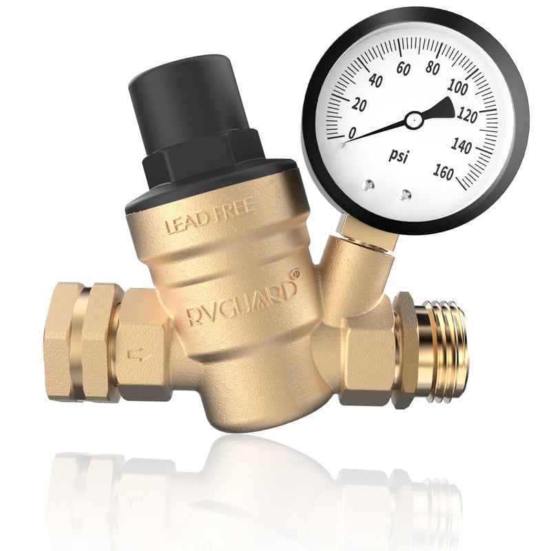 RVGUARD RV Water Pressure Regulator Valve, Lead-Free Brass Adjustable Water Pressure Reducer with Gauge and Inlet Screen Filter for RV Camper Travel Trailer