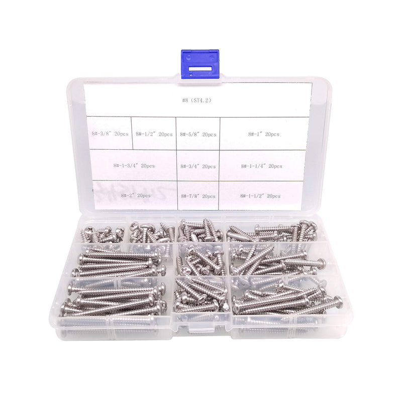 Yodaoke 200pcs #8 304 Stainless Steel Phillips Pan Head Wood Screws Assortment Kit