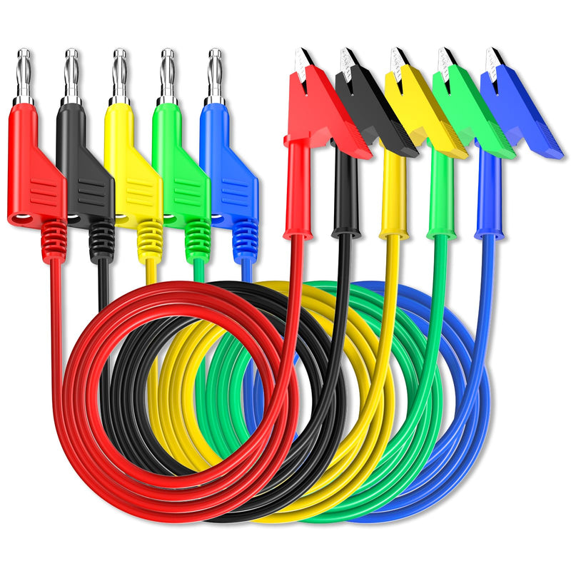 Goupchn 5PCS Test Leads 4mm Stackable Banana Plug to Crocodile Alligator Clips Flexible Cable Wire 3.3ft/1m for Multimeter Electrical Testing [Multiple]