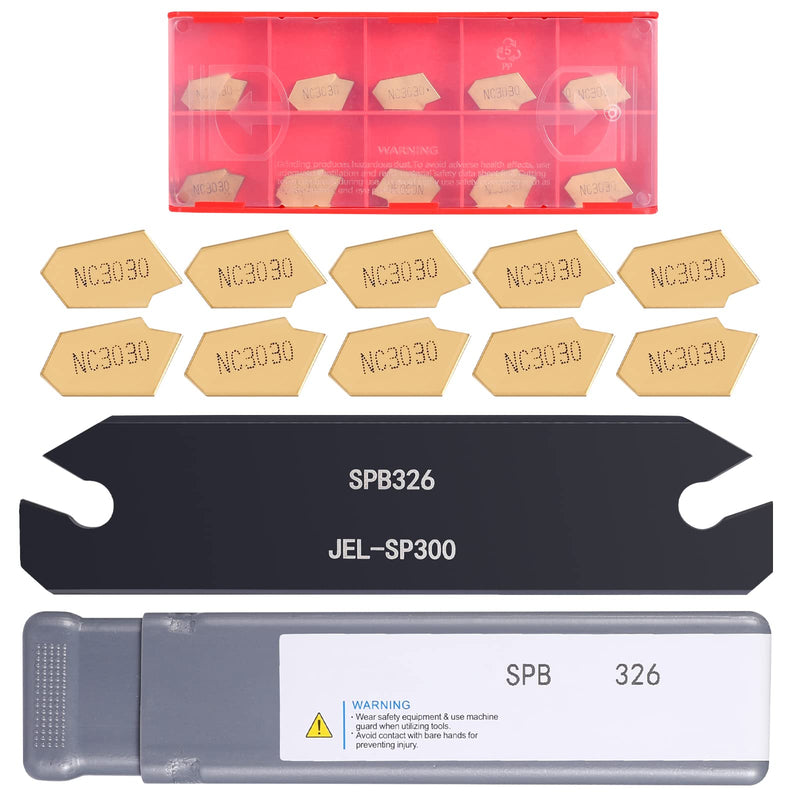 VerRich 11PCS Lathe Grooving Cutting Tools Kit,SPB326 Parting Cut-Off Tool Boring Bars with 10pcs GTN-3 NC3030 Carbide Inserts SPB326+NC3030