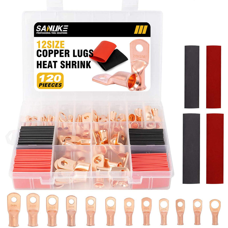 Sanuke 120Pcs AWG 8 6 4 2 Copper Wire Lugs with Heat Shrink Set, 60Pcs Heavy Duty Battery Cable Closed End Tubular Ring Terminals Connectors with 60Pcs Heat Shrink Tubing Bare Copper-120Pcs