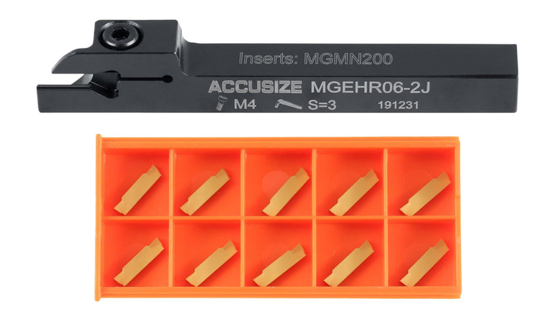 Accusize Industrial Tools 3/8" x 3/8'' Cut-Off Holder, Parting Tool, Mgehr06-2 of 2387-2003 with 10 Carbide Inserts for Cutting Steel, 2387-0003ins | For Steel, MGMN200 Inserts Included, 1 Indexable Holder Plus 10 Carbide Inserts, 2387-0003INS
