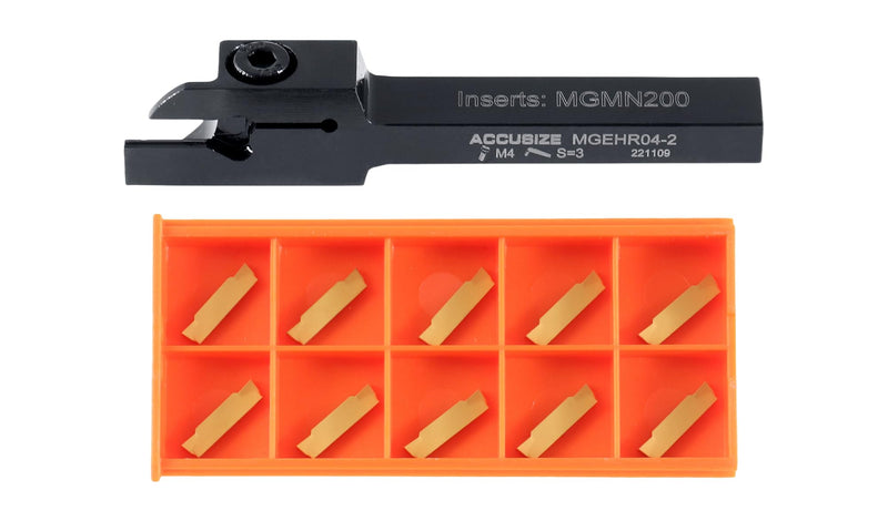 Accusize Industrial Tools 1/4" x 3/8'' Cut-Off Holder, Parting Tool, Mgehr04-2 of 2387-2001 with 10 Carbide Inserts for Cutting Steel, 2387-0001ins | For Steel, MGMN200 Inserts Included, 1 Indexable Holder Plus 10 Carbide Inserts, 2387-0001INS
