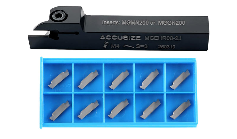Accusize Industrial Tools 1/2" x 1/2'' Cut-Off Holder, Parting Tool, Mgehr08-2 of 2387-2004 with 10 Carbide Inserts for Cutting Aluminum | For Aluminum, MGGN200-LH Inserts Included, 1 Indexable Holder Plus 10 Carbide Inserts, 2387-0004INSA
