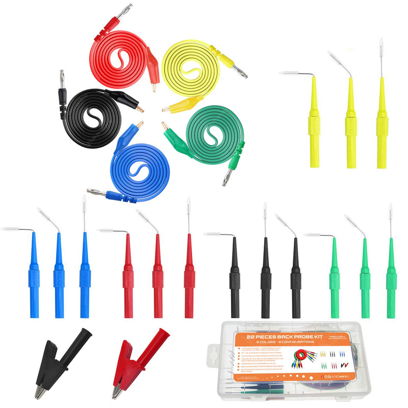Makeronics 22PCS Back Probe Kit |15 Pcs 30V Back Probe Pin | 5 Pcs 4mm Banana Plug to Alligator Clip Circuit Test Wires (39.37 inch / 1m Length) | 2 PCS Alligator Clips 22 PCS