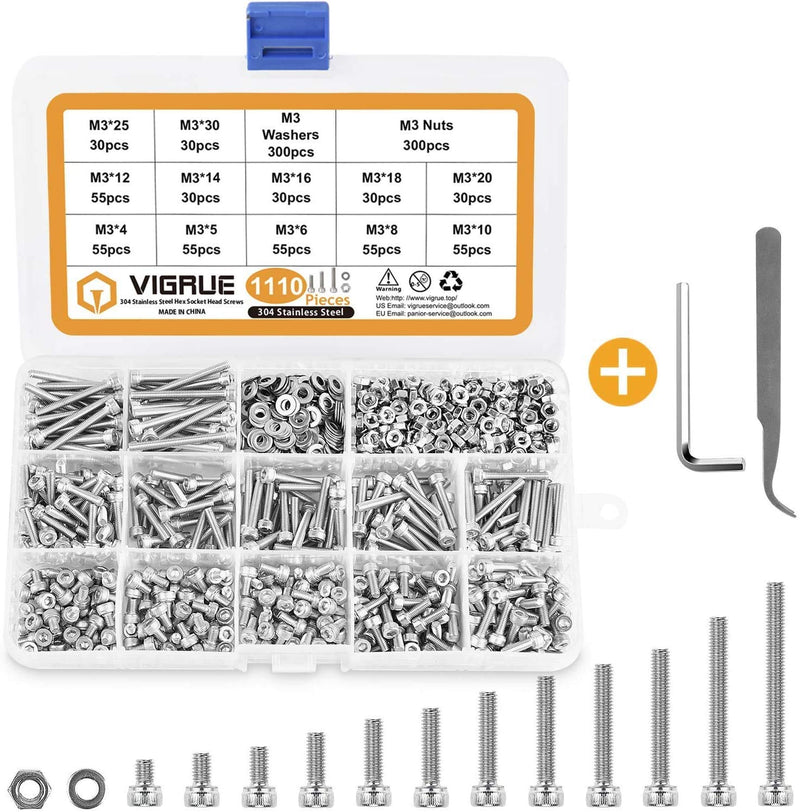 VIGRUE 1110PCS M3 Hex Socket Head Cap Screws Nuts Kit, M3 x 4/5/6/8/10/12/14/16/18/20/25/30mm Stainless Steel Screws Assortment Set w/Allen Wrench and Tip Curved Tweezer M3 socket cap