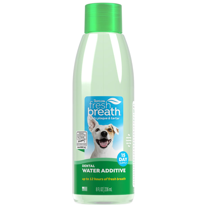 TropiClean Fresh Breath Water Additive for Dogs | Dog Breath Freshener & Teeth Cleaning Solution | No Toothpaste or Toothbrush Required | 8 oz Dog Water Additive 8 Ounce (Pack of 1)