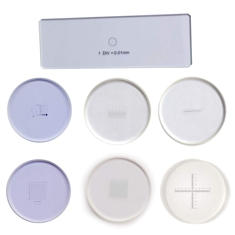 Stage Micrometer and 6 Eyepiece Micrometers with Graticules and Reticle - Calibration Ruler Included