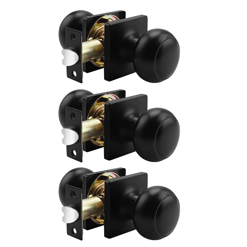 Probrico Black Passage Door Knobs Round Handles for Hall or Closet Keyless Non-Locking Interior Knobs with Square Rosette, 3 Pack