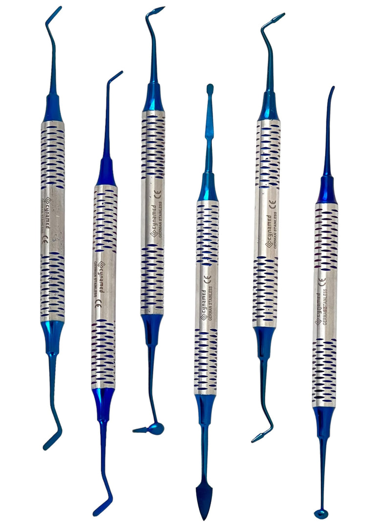 German Stainless-Dental Composite Non Stick Filling Instruments Kit in Stainless Steel Cassette (6 PCS Blue Titanium Coated)-Cynamed