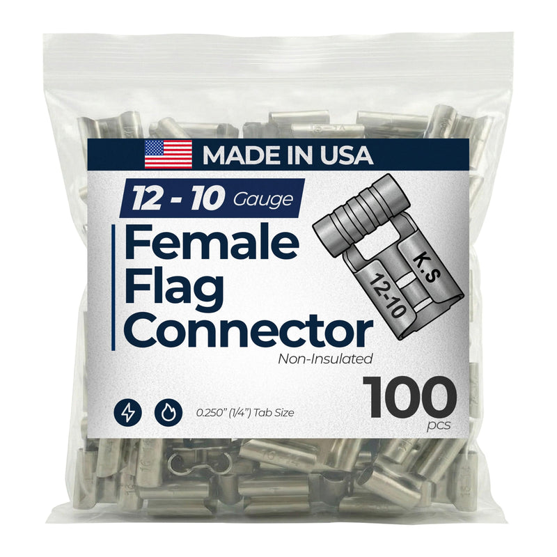 100 Pcs Non-Insulated Electrical Wire Connector - 12-10 AWG Gauge .250 (1/4") Flag Quick Disconnect Terminal Wire Crimp Connector - Made in USA