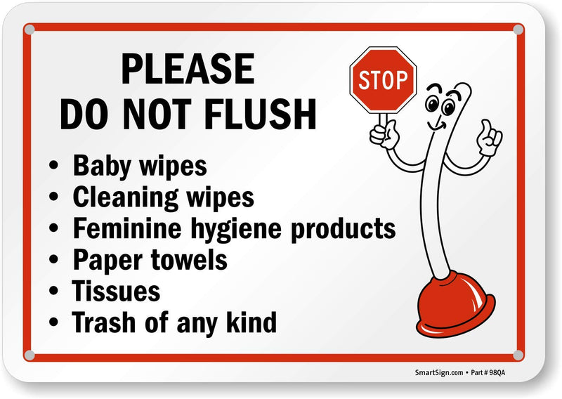 SmartSign 7" x 10" 'Please Do Not Flush Wipes/Feminine Hygiene Products/Paper Towels/Tissues/Trash' Bathroom Sign with Funny STOP Symbol, 55 mil HDPE Plastic, Red/Black/White, USA-Made 7" x 10" - Plastic