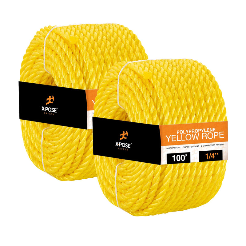 Yellow Twisted Polypropylene Rope - Floating Poly Pro Cord - Resistant to Oil, Moisture, Marine Growth and Chemicals - Reduced Slip, Easy Knot, Flexible - by Xpose Safety (1, 1/4" x 100') 1/4" x 100' - NewNest Australia