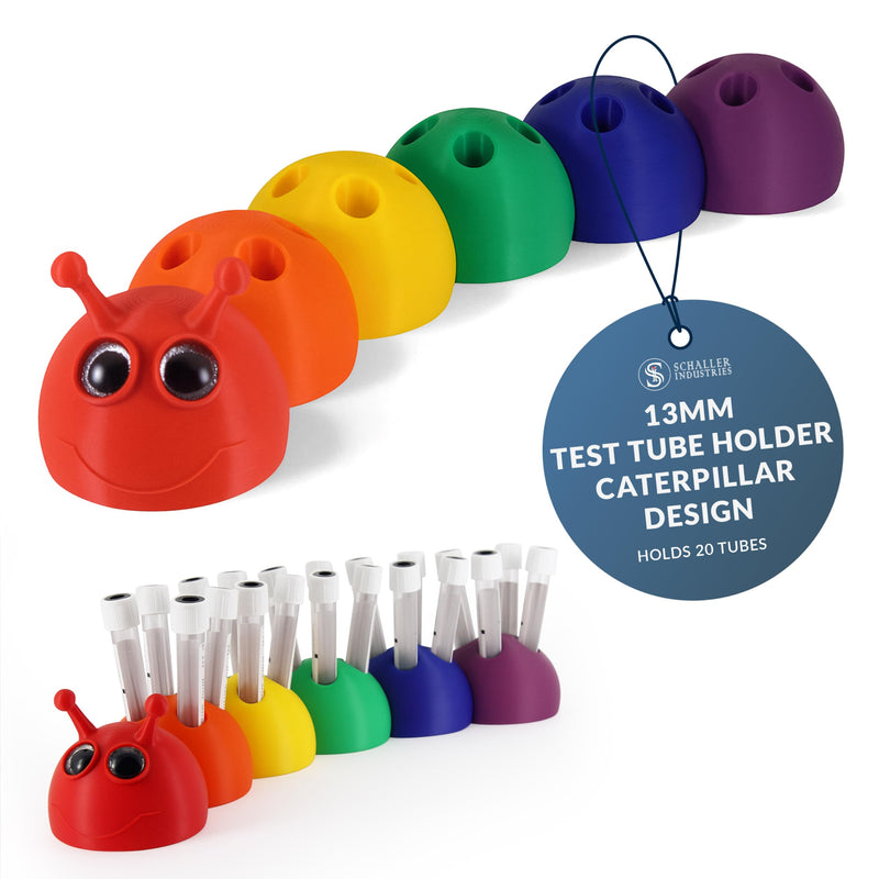 S I Schaller Industries Rainbow Caterpillar Test Tube Holder, 13mm - Veterinary Blood Test Tube Rack, Holds 20 Vials, Compact Fun Design Organizer for Pediatric and Veterinary Use 13mm Tube Size