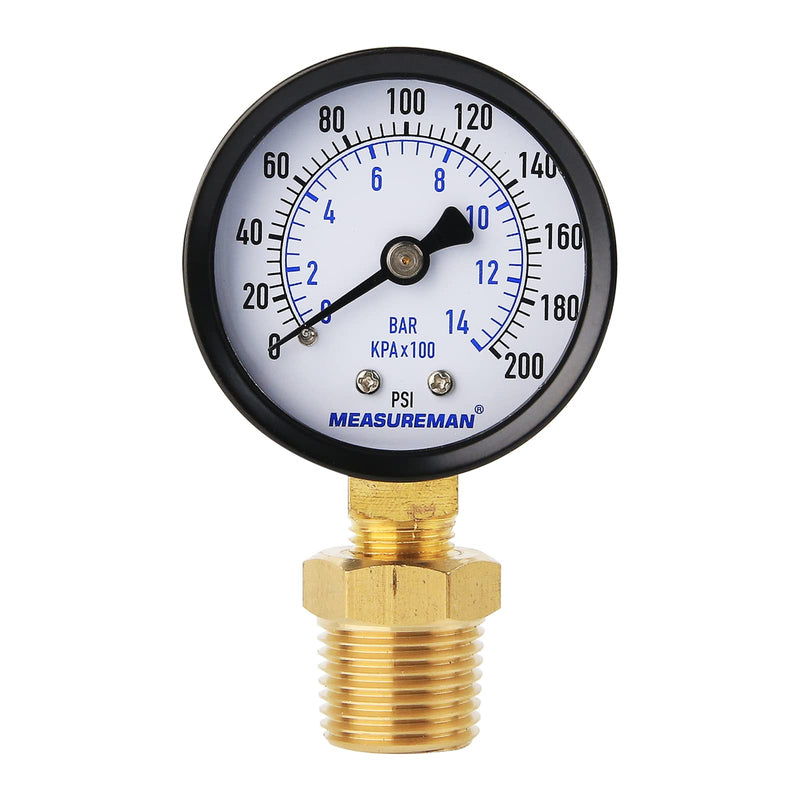 Measureman 2" Well Pump Pressure Gauge, 0-200psi/bar, 1/4" NPT Male with 1/2" NPT Adaptor, +/-3-2-3% Accuracy，Lower Mount 2" 0-200 psi Lower Mount