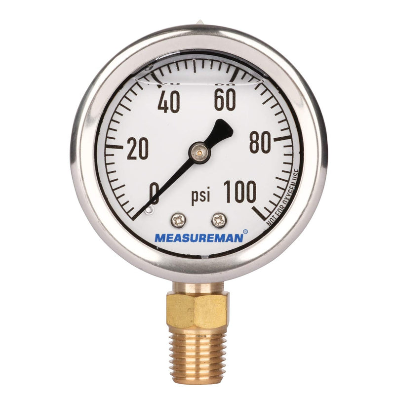 MEASUREMAN 2" Dial Size, Glycerin Filled Plumbing Pressure Gauge, 0-100psi, Black Steel Case, 1/4" NPT Lower Mount 0-100 psi Lower Mount Single Scale