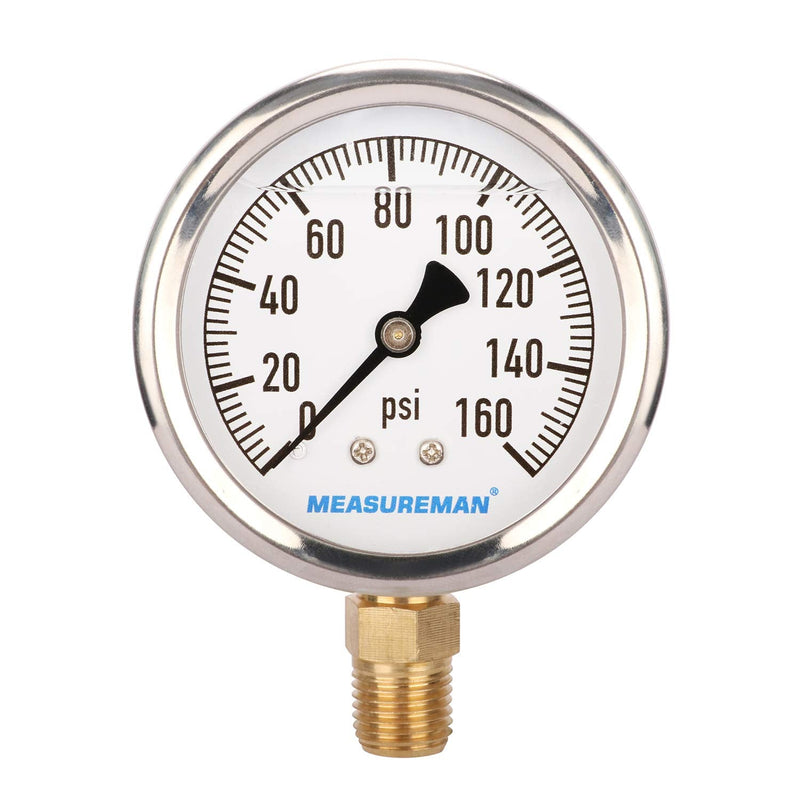 MEASUREMAN 2-1/2" Dial Size, Glycerin Filled Plumbing Pressure Gauge, 0-160psi, Stainless Steel Case, 1/4" NPT Lower Mount 0-160 psi