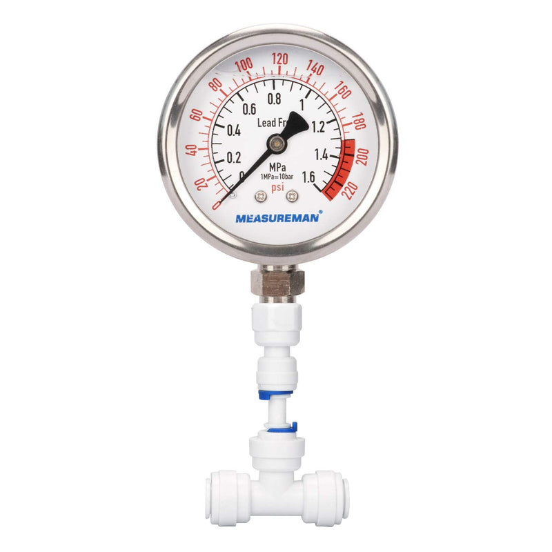 MEASUREMAN Lead-Free Glycerin Filled Reverse Osmosis Pressure Gauge, Purified Water Pressure Gauge, 2-1/2" Dial Size 1/4" Lower Mount, 0-220Psi/Mpa, with PU Tube Connection 0-220 psi with PU Tube Connection