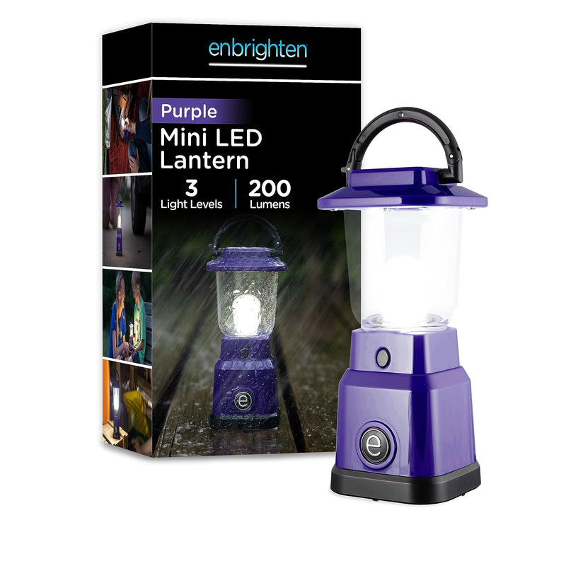 Enbrighten LED Mini Camping Lantern, Battery Powered, 200 Lumens, 40 Hour Runtime, 3 Modes, Night Light for Kids, Ideal for Hiking, Outdoors, Emergency, Snow, Hurricane and Storm Purple