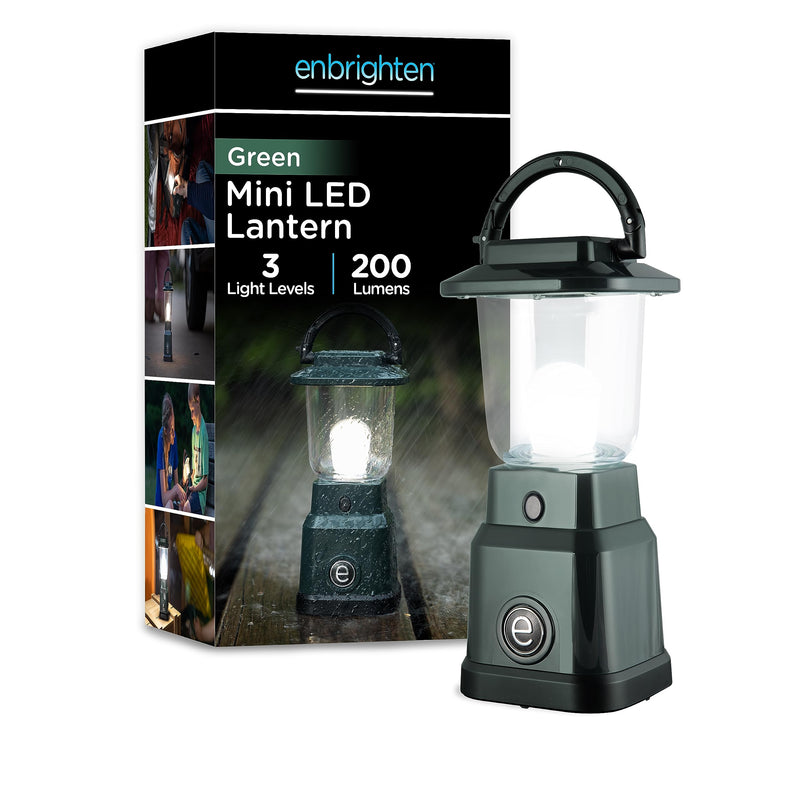 Enbrighten LED Mini Camping Lantern, Battery Powered, 200 Lumens, 40 Hour Runtime, 3 Modes, Night Light for Kids, Ideal for Hiking, Outdoors, Emergency, Snow, Hurricane and Storm Green