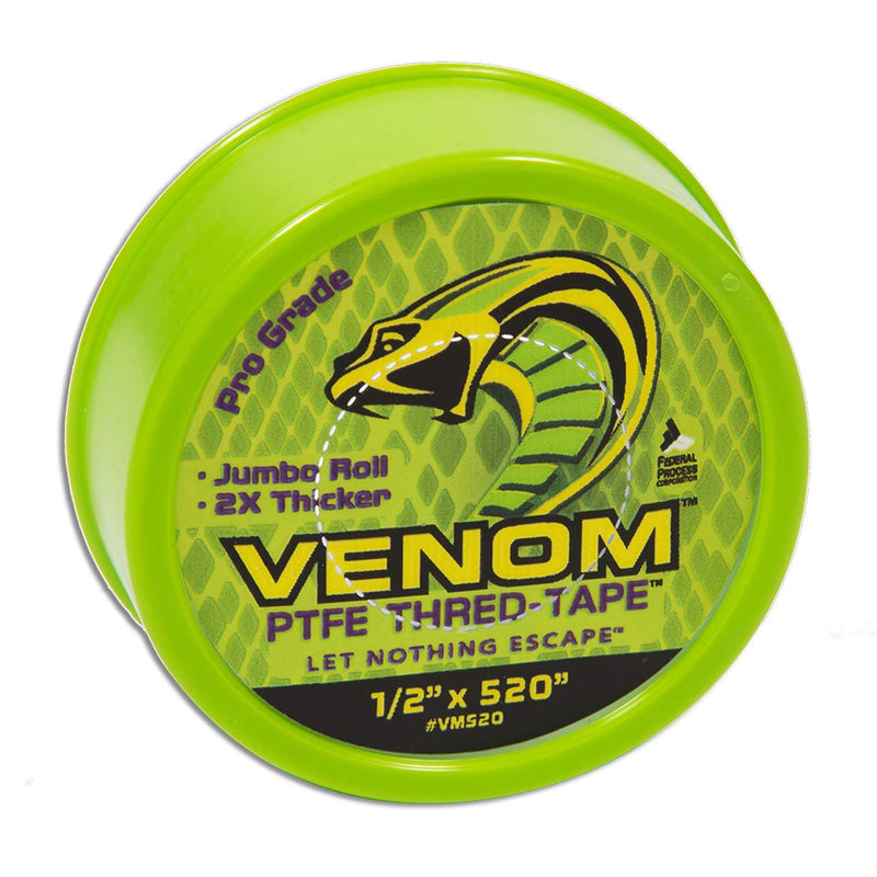 Venom Pro-Grade PTFE Thread Tape, 1/2" x 520" Roll – Professional-Grade, 99.9% Pure, 2X Thicker, No Dyes, UL-Approved for Plumbing, Potable Water, Food Grade, and Oxygen Systems 1/2" Width x 520" Length