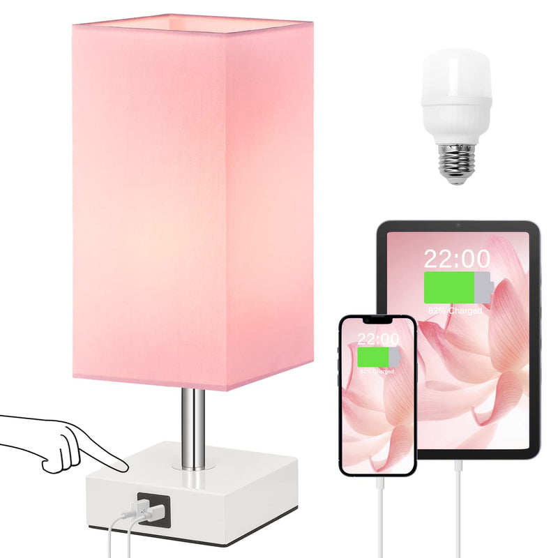 Ambimall Touch Control Table Lamp with 2 USB Charging Ports, 3 Way Touch Lamps Beside Desk, Nightstand Lamp for Bedrooms Living Room, Pink Shade with White Base, LED Bulb Included(Pink) A：pink