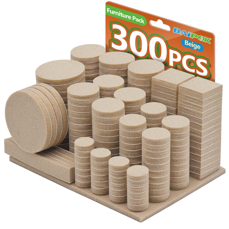 Furniture Pads 300 Pack Premium Furniture Felt Pads (Beige), Huge Quantity Self Adhesive Anti Scratch Floor Protector for Furniture Legs Hardwood with 60 Cabinet Door Bumpers Beige