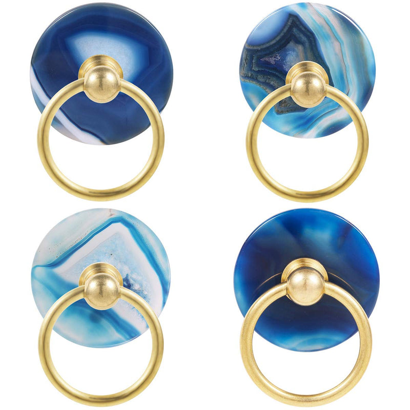 mookaitedecor 4 PCS Round Agate Slice Cabinet Knobs with Drawer Rings Pull Handle Knob for Dresser Wardrobe Cupboard Decorative Blue
