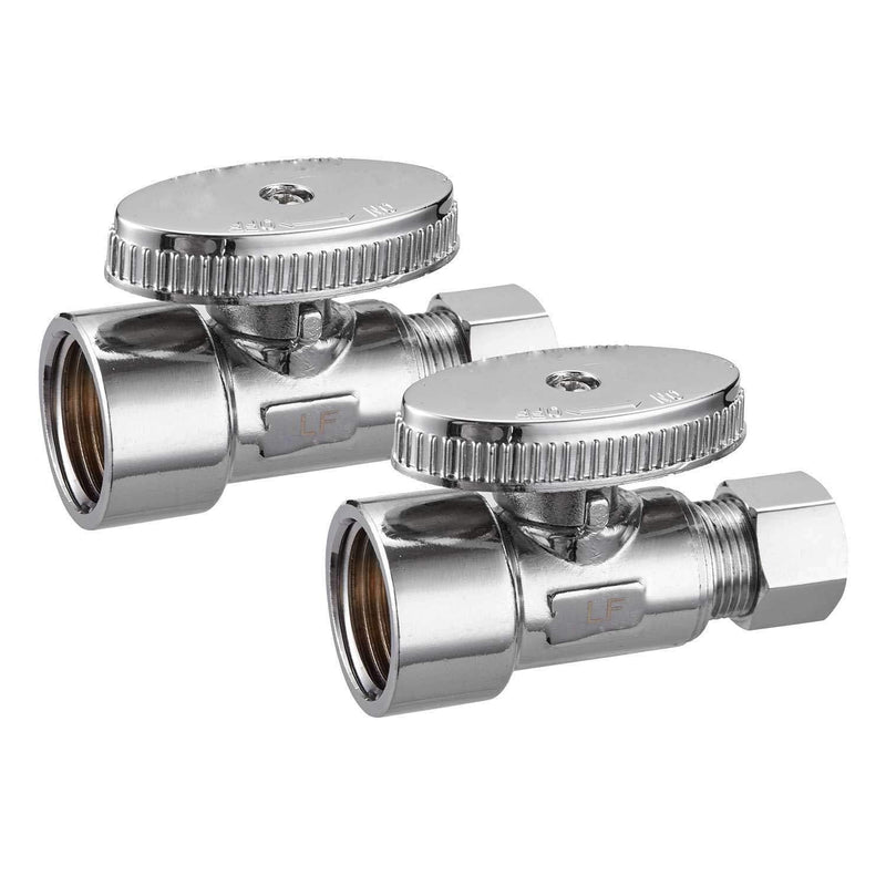 2 Pack Brass 1/2 Inch FIP x 3/8 Inch OD Compression Quarter Turn Straight Water Angle Stop Valve Shut Off