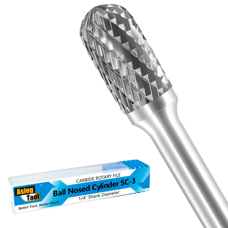 SC-3 Tungsten Carbide Burr Rotary File Cylindrical Ball Nose End Shape Double Cut for Die Grinder Drill Bits 1/4'' Inch Diameter of Shank and 3/8'' Inch Diameter of Cutter 3/4'' Inch Cutter Length SC-3