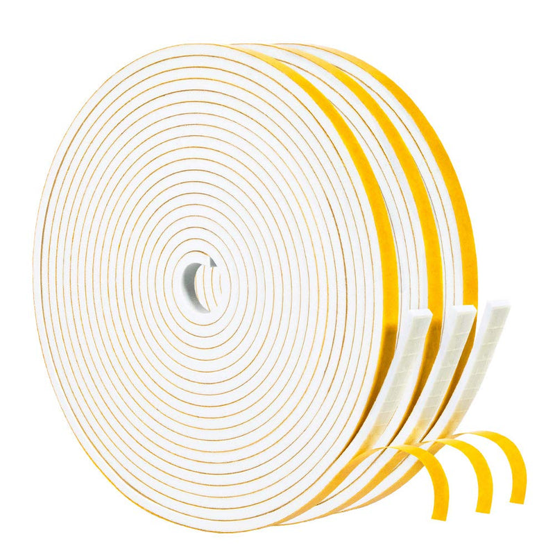 Yotache White Doors Windows Weather Stripping 3 Rolls 1/4 Inch Wide X 1/8 Inch Thick, Foam Insulation Sealing Gasket Tape for Doors, Sliding Door, Total 50 Feet Long (3 X 16.5 Ft Each) 1/4" W x 1/8" T