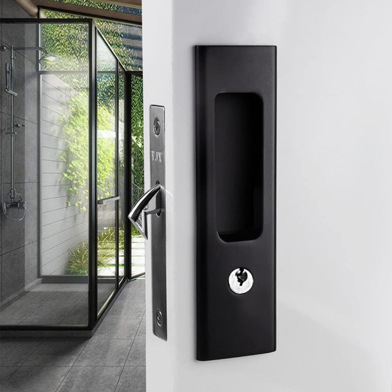 6.3” Privacy Pocket Door Lock Hardware,Invisible Door Handle with Keys,Recessed Door Handle for Pocket Sliding Door Lock Furniture Hardware,Matte Black 1 Pack