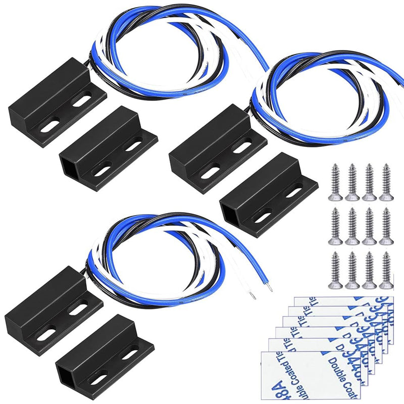 3 Sets NO/NC Black Magnetic Switch Wiring Recessed Door Sensor Hidden Window Contact Reed Switch for Access Control Replace Alarm System Black-NO/NC