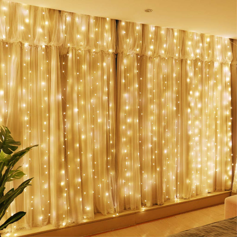 HXWEIYE 300LED Fairy Curtain Lights, 9.8x9.8Ft Warm White USB Plug in 8 Modes Christmas String Hanging Lights with Remote for Bedroom, Indoor, Outdoor, Weddings, Party 300L-Silver Copper Wire