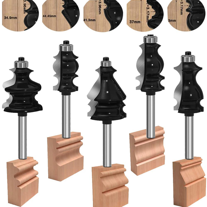 TAIWAIN Router Bit Set 1/4 Inch Shank 5PCS, Architectural Picture Frame Wood Milling Cutter,Rail &Stile Woodworking Miter Carbide CNC Cutting Tool for Cabinet Drawer Door Surfacing(GK1-G) GK1-G
