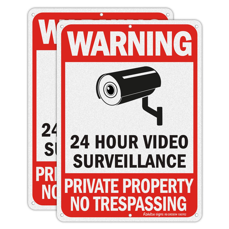 No Trespassing Signs, Private Property Sign, Warning Sign, Video Surveillance Sign, 2 Pack 10 x 7 Inches 0.40 Reflective Aluminum, UV Protected, Weather Resistant, Durable Ink, Easy to Mount Red - 2 Pack