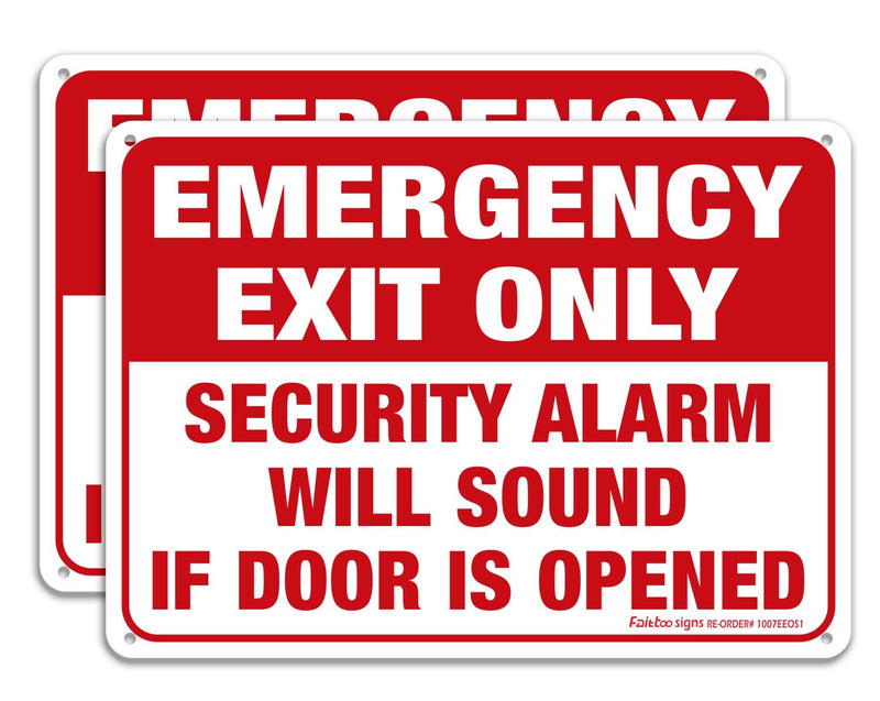 Emergency Exit Only - Security Alarm Will Sound If Door Is Opened Sign, 2 Pack, 10 x 7 inch .40 Rust Free Aluminum, UV Protected, Weather Resistant, Waterproof, Durable Ink, Easy to install Red and White- Aluminum - 2 Pack