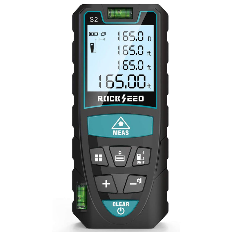 Laser Measure 50M/165ft,RockSeed Digital Laser Distance Meter with 2 Bubble Levels,Portable Laser Rangefinder M/in/Ft Unit Switching Backlit LCD and Measuring Distance/Area/Volume/Pythagorean 165 Feet