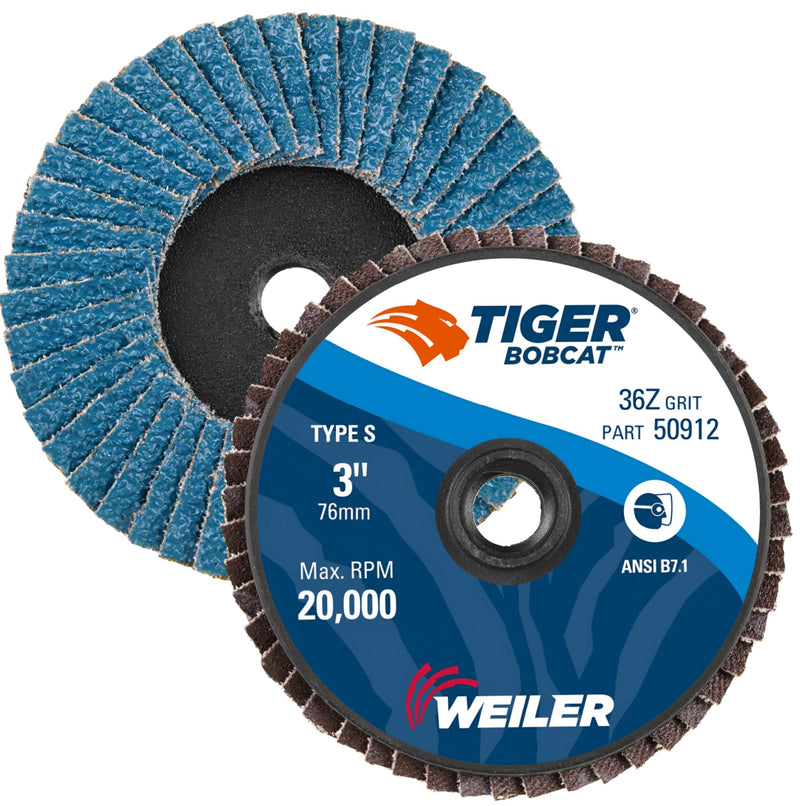 Weiler 50912 3" Bobcat Mini Abrasive Flap Disc, Flat (TY27), Type S Mount, 36Z (Pack of 10) 36 Grit S Mount TYPE 27