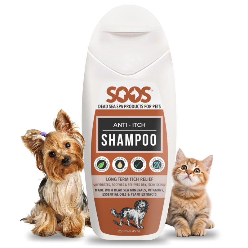 Soos Pet Shampoo Anti-Itch Cat and Dog Shampoo Dead Sea Minerals Fast Absorbing Soothes Itching Clean Fur with Vitamins Essential Oils Natural Ingredients - 1x Bottle (250ml) - PawsPlanet Australia