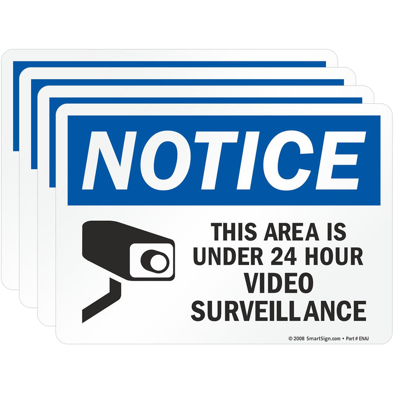 SmartSign (Pack of 4) 5 x7 inch “Notice - This Area Is Under 24 Hour Video Surveillance” Sticker Labels with Symbol, 5 mil Laminated Polyester with SuperStick Adhesive, Blue, Black and White, USA-Made 5" x 7" SuperStick Label (Pack of 4)