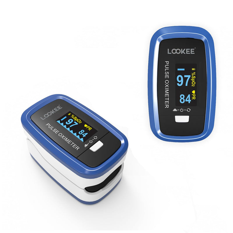 LOOKEE LK50D1 Deluxe Fingertip Pulse Oximeter - Finger SpO2 Blood Oxygen Saturation Monitor with Auto Rotate OLED Display Plethysmograph Waveform & Pulse Graph - Batteries Included Blue