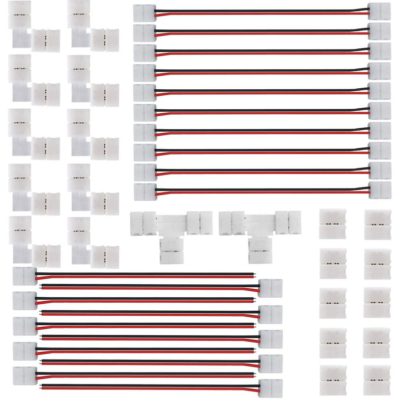 2Pin 8mm LED Strip Connector Kit Include L Shape 2 Pin Right Angle Corner Connector, T Shape Connector, Solderless Gapless Connector, Strip to Strip Jumper Wires for 2Pin 8mm 3528/2835 LED Strip