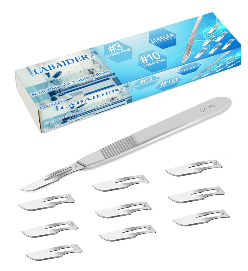 Scalpel Sterile Blades #10 10pcs Sterile Individually Foil Wrapped, with #3 Scalpel Knife Handle for Biology Lab Anatomy, Practicing Cutting, Medical Student, Sculpting, Repairing #10-10PCS