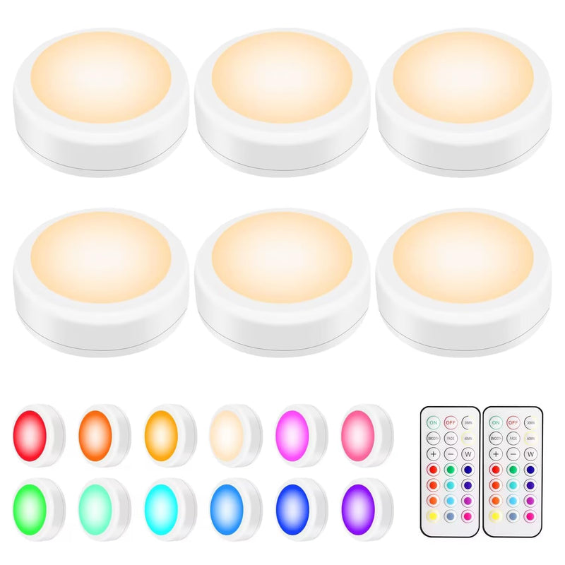BLS LED Puck Lights with Remote Control, Wireless Under Cabinet Lighting, Battery Powered Lights, Stick on Lights, Color Changing Lights with Dimmer and Timer, AA Battery Operated Closet Light, 6 Pack RGB -6 Pack(White Shell)