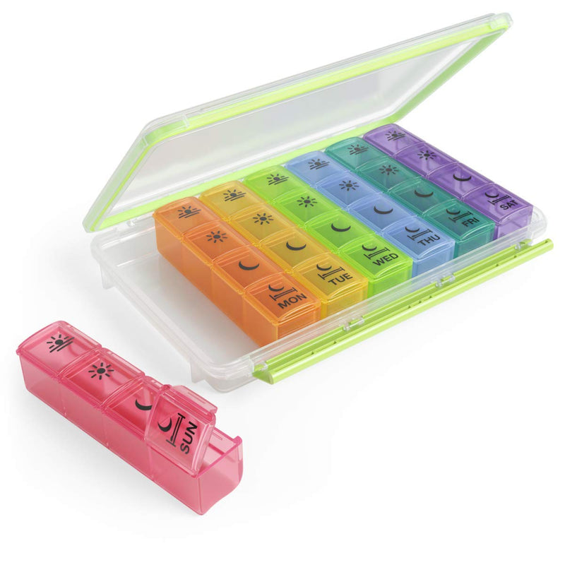 Ezy Dose Weekly (7-Day) Pill Case, Medicine Planner, Vitamin Organizer Box, Convenient and Easy to Use, X-Large Pop-Out Compartments, 4 Times a Day, Rainbow Lids with Case, BPA Free