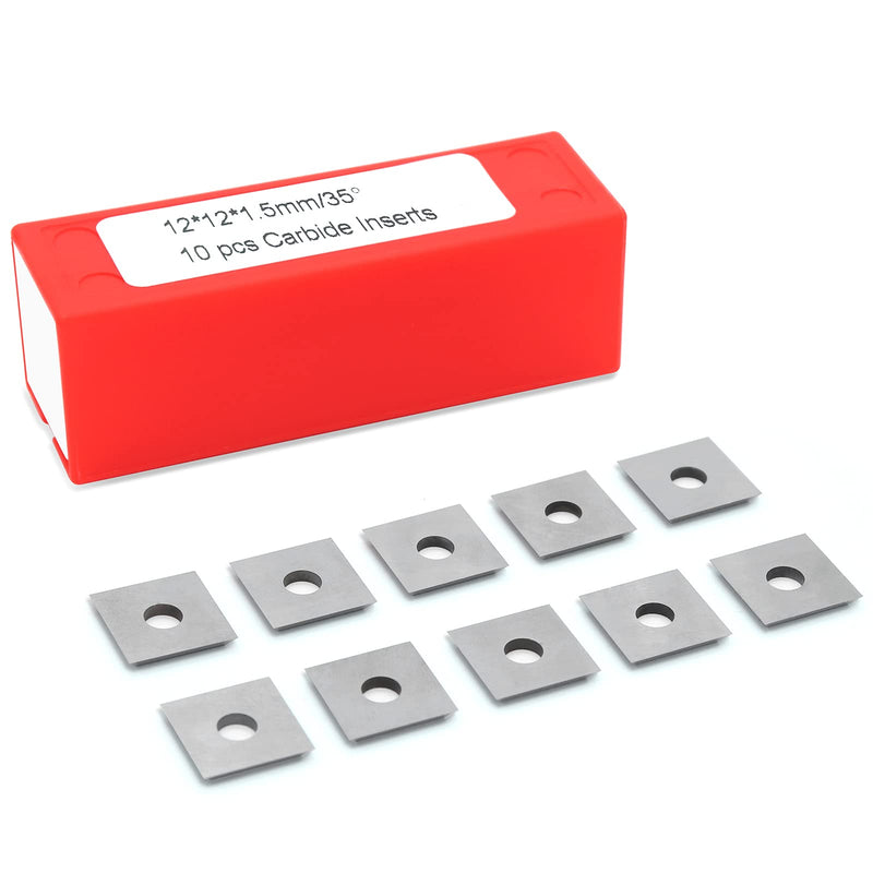 K1215-12mm Square Corners Carbide Inserts 4 Edges (12mm lengthX12mm widthX1.5mm thick-35 Degree Cutting Angle), Pack of 10, Straight-Hole K1215