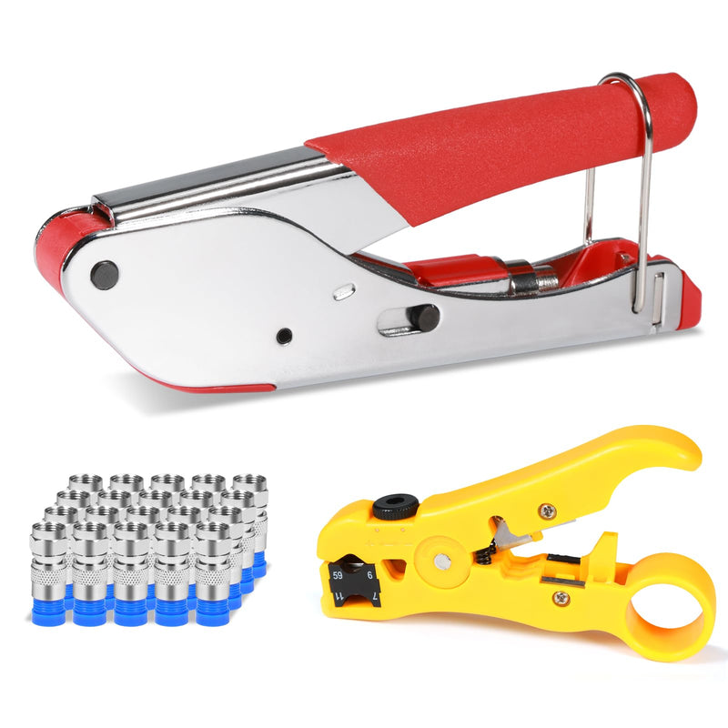Coax Cable Crimper Kit Coaxial Cable Rg6 Compression Tool Kit with 20PCS F RG6 Connectors, Wire Coax Cable Stripper Tool Stripper&Crimper